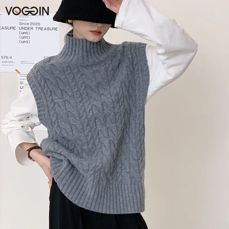 Fall Winter Women's Clothing Knitted Vest Turtleneck Sweaters Wool Lady Sleeveless Jumpers Loose Outerwear Warm Fashion Knitwear