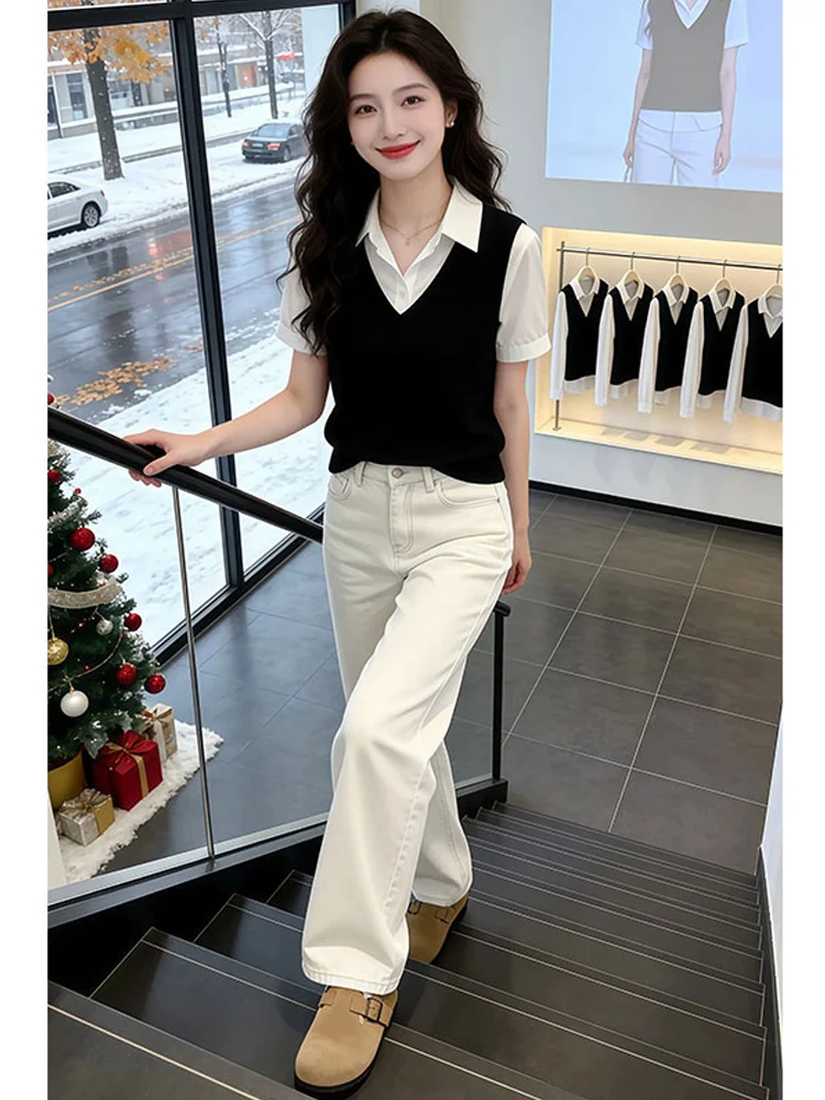 Casual Style Vest Shirt Two-Piece Set Summer New Light Work Style Short Sleeve Casual Shirt Top for Women Breathable Skin-Fri...