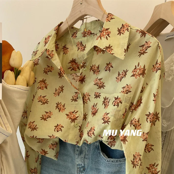 2024 New High-quality Cactus Powder Shirt for Women Slimming and Loose Printed Shirt