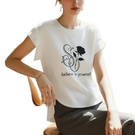 embroidery rose white tees women summer loose embroidery letter belieave in  yourself black t shirts tops
