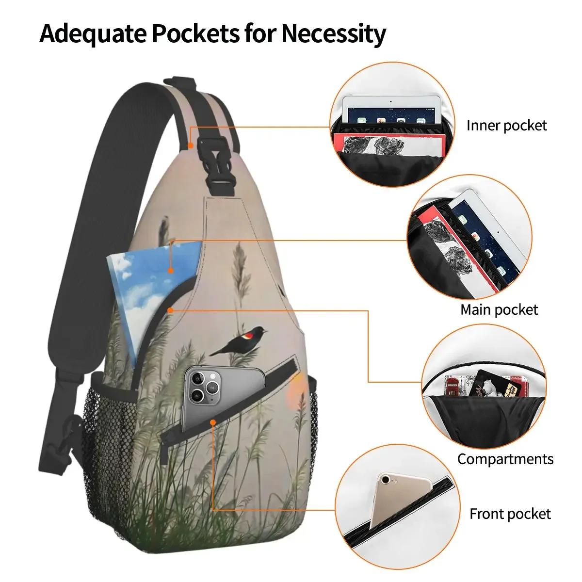 Red Winged Black Bird Dusk Crossbody Sling Bag Printed Chest Bag Animal Shoulder Backpack Daypack Hiking Travel Travel Satchel