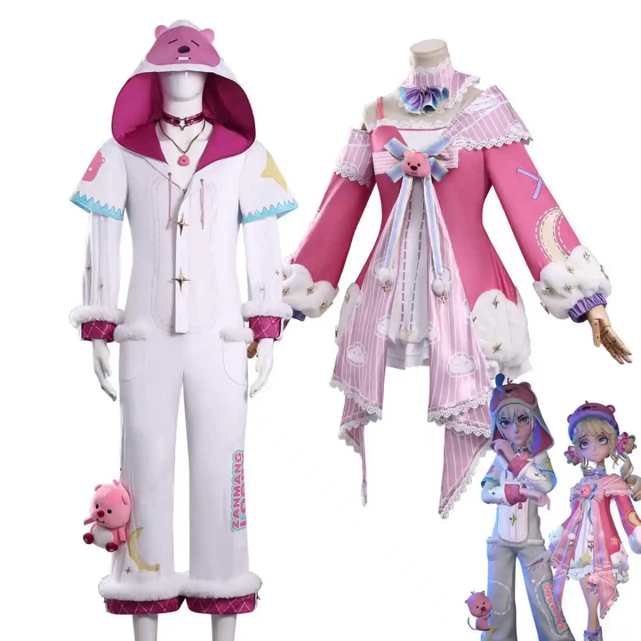 

Allen Fluffy Showdown Outfit Cosplay Set White Jumpsuit with Hoodie Pind Small Bear Printed Prop Costume for Man Halloween Suit