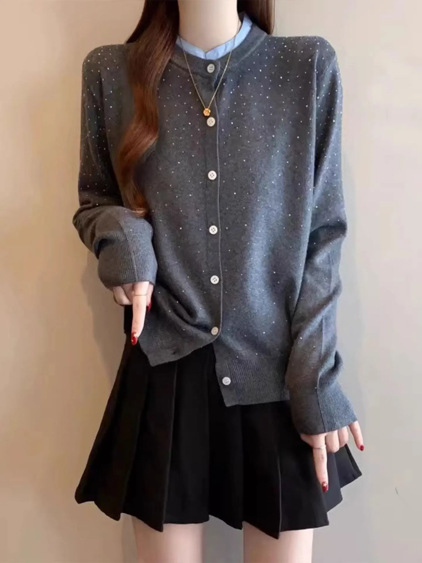 

Женский кардиган с пайетками и открытыми плечами, больших размеров, повседневный, свободного кроя, с длинными рукавами, круглым вырезом