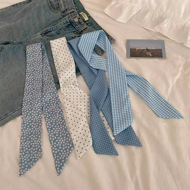New Spring Blue‑Tone Twilly Scarf Korean Simple Long Streamer Ribbon Hair Tie Bag Decor Neckerchief Shirt Accessory