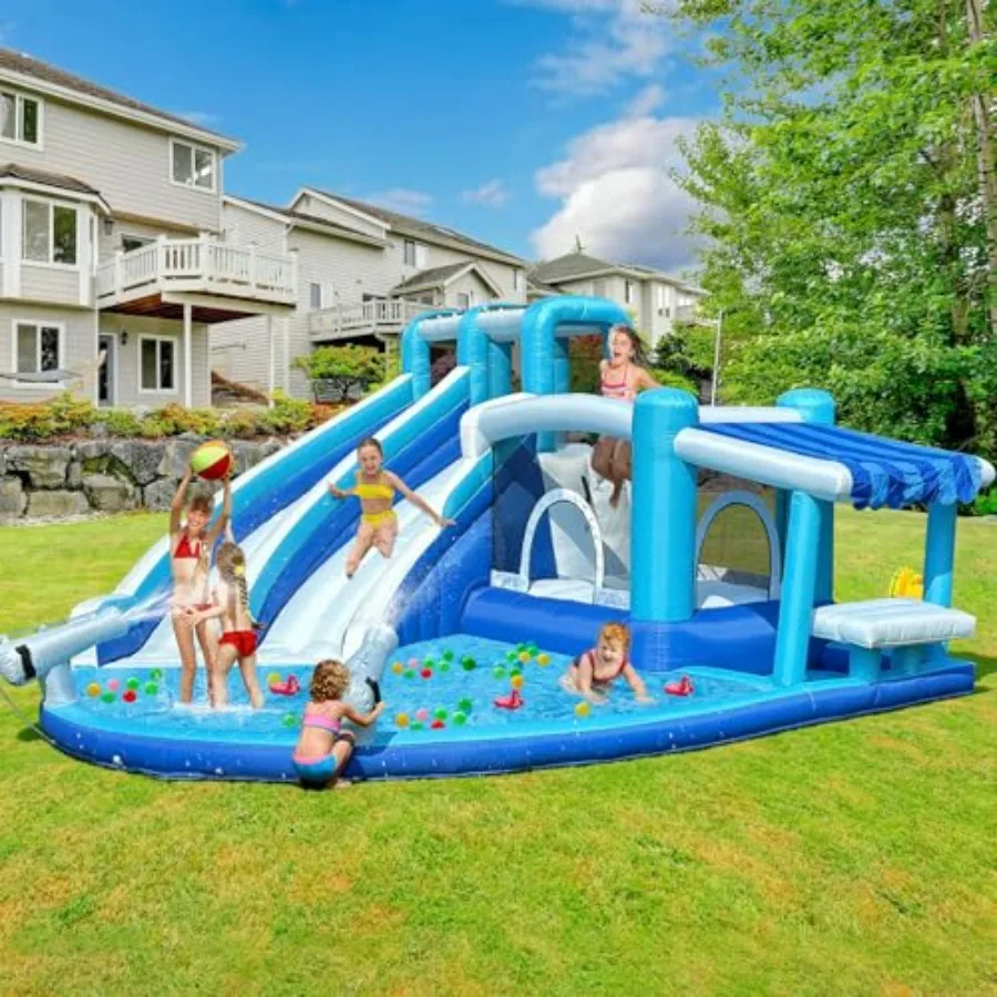 Outdoor indoor inflatable bounce house water slide park for kids 3-12, PVC material, blue and yellow, dual-slide design with 55