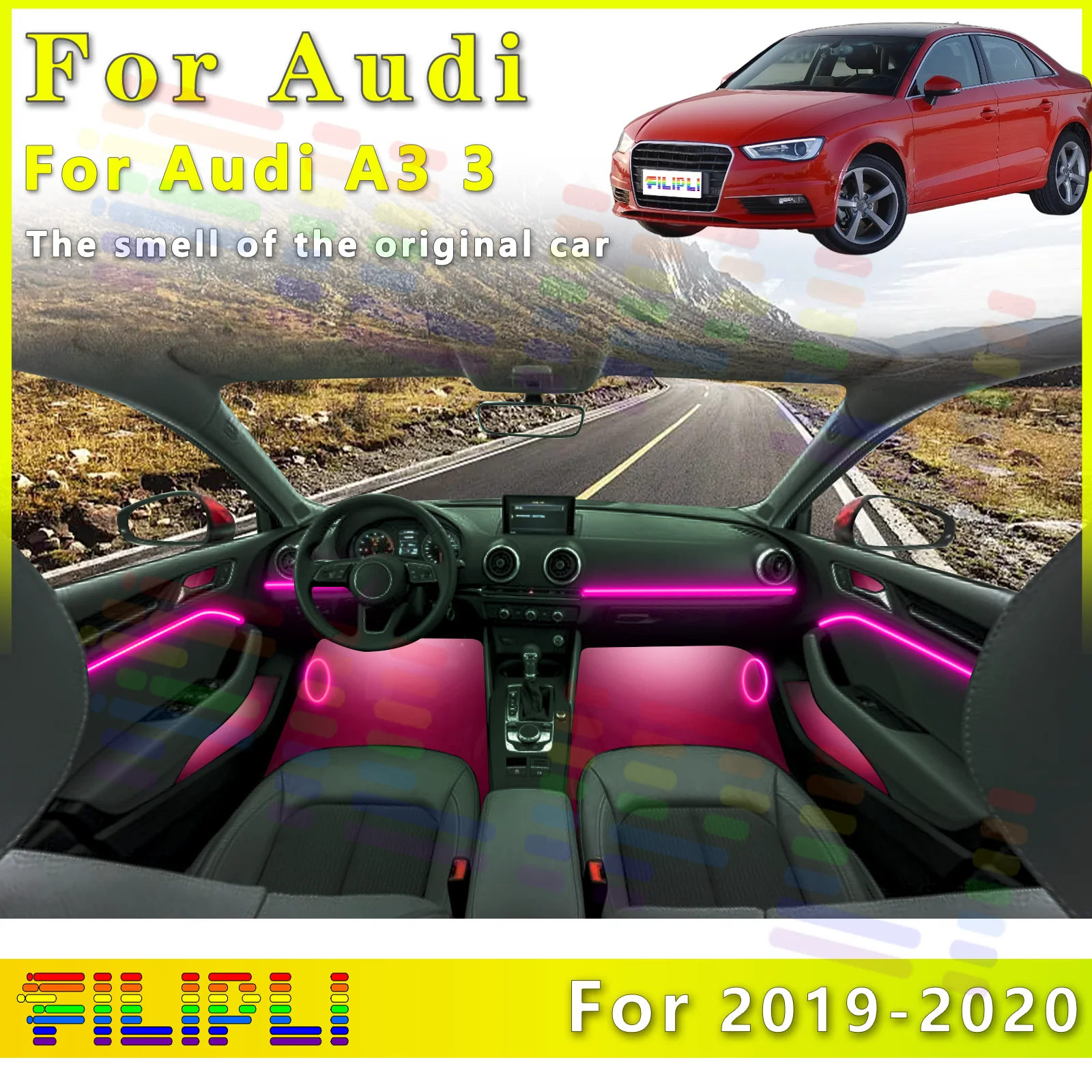 

Для Audi A3 2019-2020: Светодиодная RGB-подсветка салона, оптоволоконная неоновая невидимая атмосферная лента, декоративная подсветка с управлением через приложение