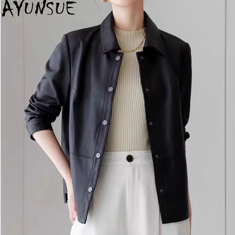 AYUNSUE Women's Real Leather Jacket Loose Casual Long Sleeve Tops for Woman Top-Grain Sheepskin Jackets Woman Clothes Ropa Mujer