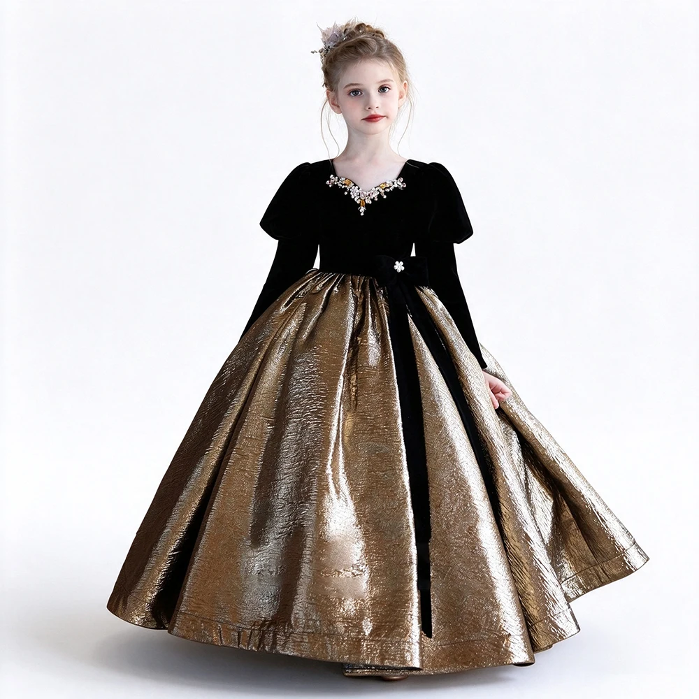Girls Hepburn Style Prom Birthday Pageant Evening party Dress Black Velvet Top Puff Long Sleeve Princess Graduation Banquet Gown