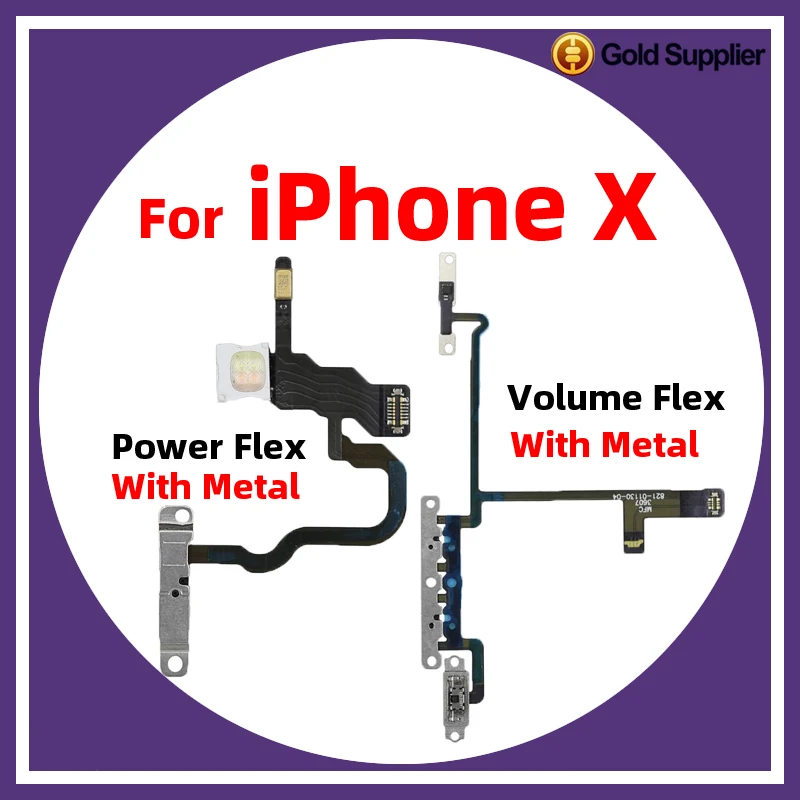 For iPhone X Power On Off Flex Volume Up Down Side Button Key switch on off button Ribbon Flex Cable With Metal