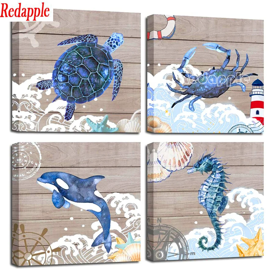 Embroidery Diamond Painting for Bathroom Decor, Aqua Blue Seafood Canvas, Seahorse, Crab, dolphin, Beach Theme, Embroidery, 4 Pc