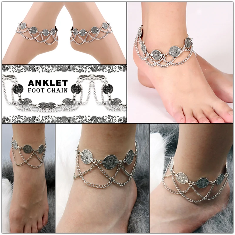 Vintage Silver color Anklets for Women Accessories Coin Charm Tassel Toe Ankle Bracelet Beach Chaine Cheville Femme Foot Jewelry