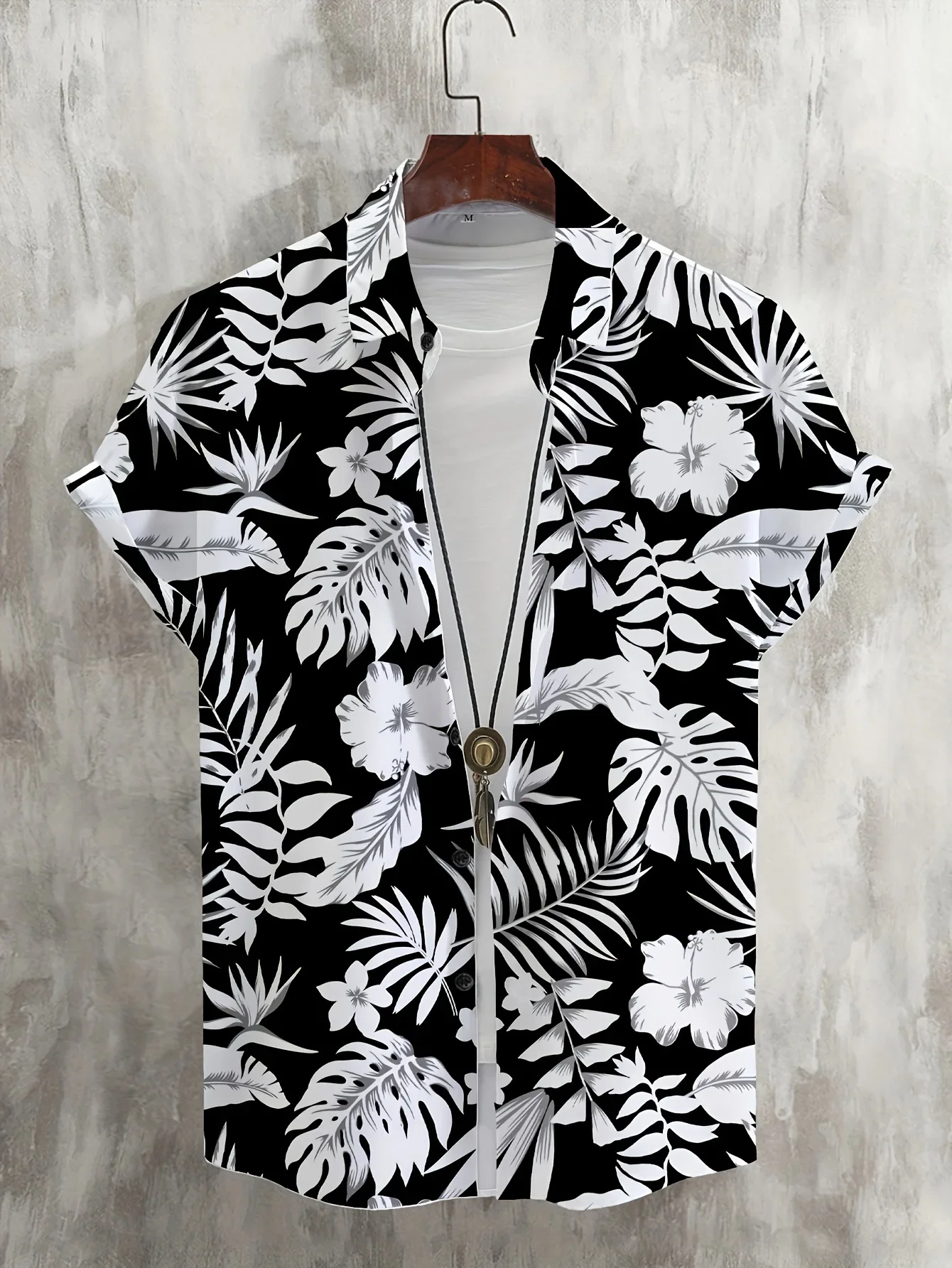 Men Black White Tropical Floral Hawaiian Shirt Short Sleeve Button‑Up Beach Vacation Unisex Top