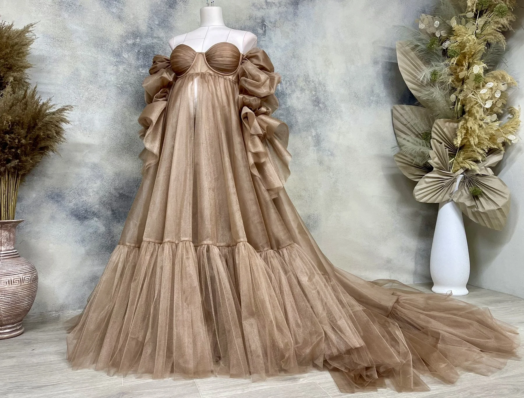 Brown Maternity Dress for Photoshoot Layered Tulle Long Sleeve Prom Dress Party Wear Pregnancy Babyshower Bathrobe Rode Gowns