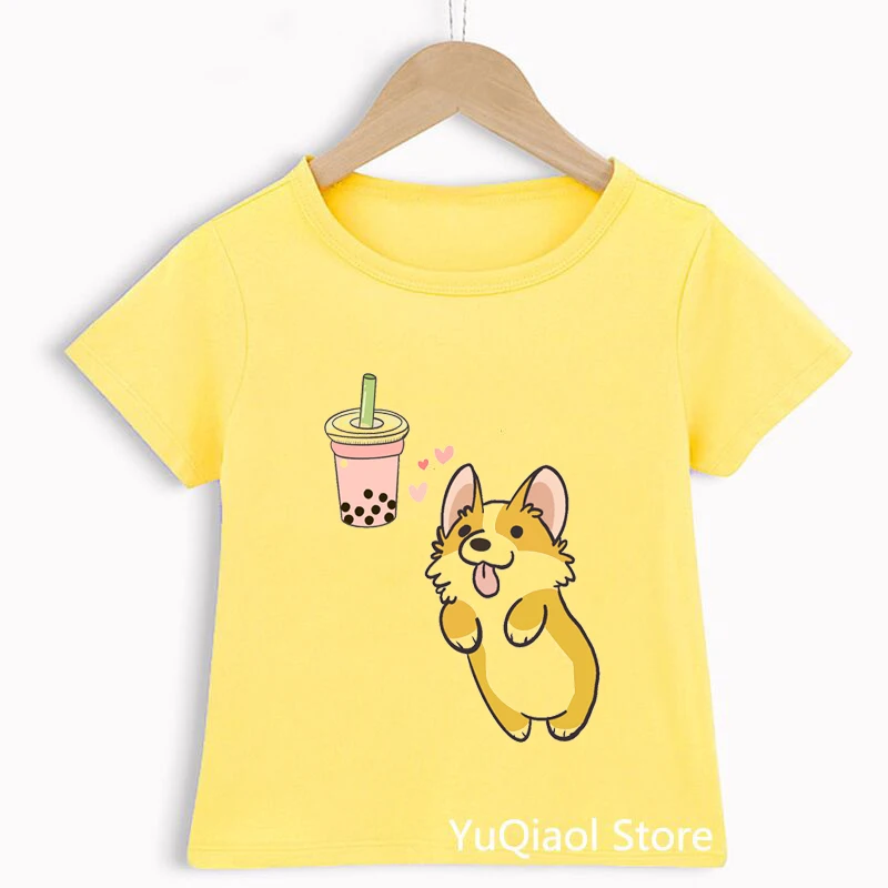 New Cute Corgi Dog Love Boba Tea Children's T-Shirt Summer Kids  Print Tshirt Boy/Girl Clothes Pink Yellow Blue Green T Shirt