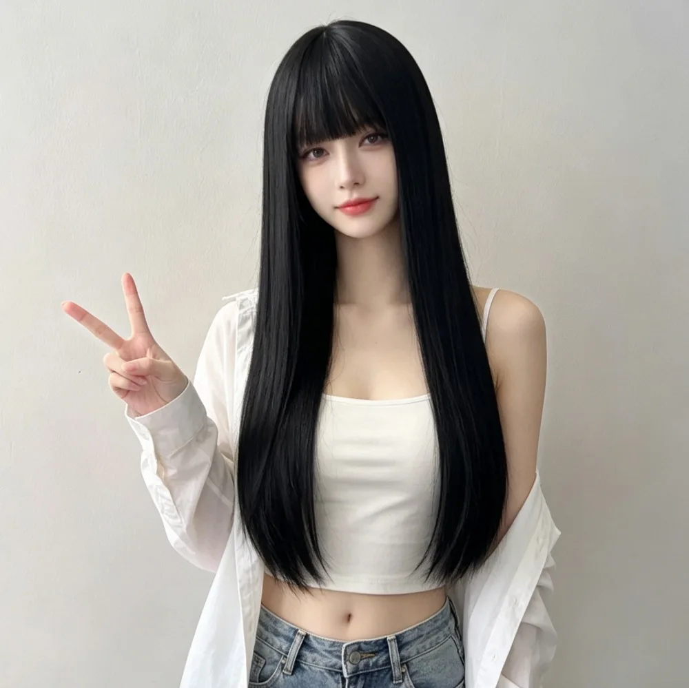 Best-Selling 26-Inch Black Synthetic Wig for Halloween Cosplay Role-Playing, Everyday Wig, High-Temperature Hair Accessory Set