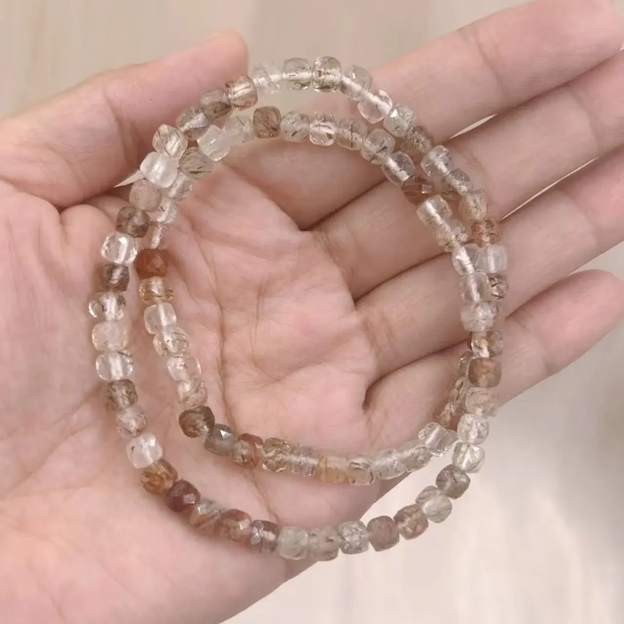 2 Circles 14inch 4mm Crystal Gemstone  Cube Rutilated Quartz Genuine Natural Stone Elastic Energy Craft Rope Wrap Bracelets