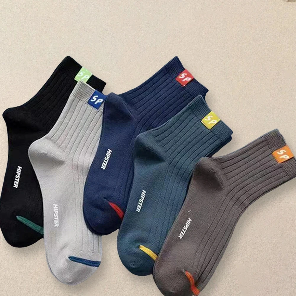 5 Pairs Fashionable Versatile Men Mid Length Socks With Trendy Letters Comfortable Soft Lightweight Breathable Casual Socks