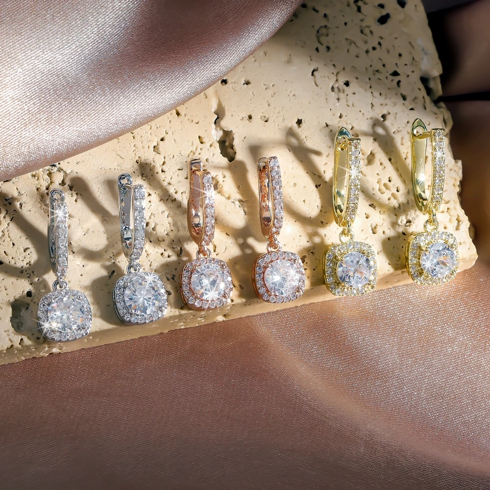 Htpwe New Trendy Square Shape Drop Earrings Brilliant Bridal Engagement Wedding Jewelry Elegant Female Dangle Earring Nice Gift