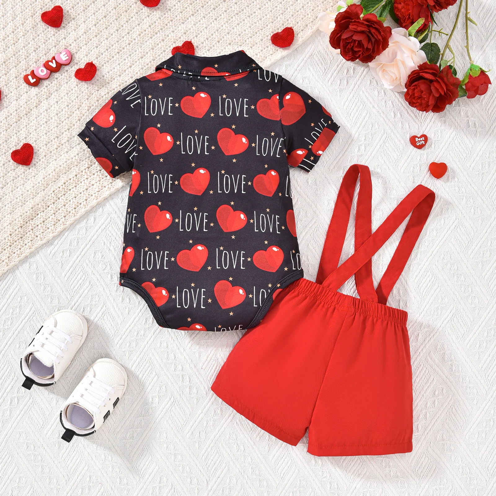 Set pakaian Hari Valentine anak laki-laki, setelan baju monyet lengan pendek kerah Lapel, celana Suspender, Set pakaian cantik