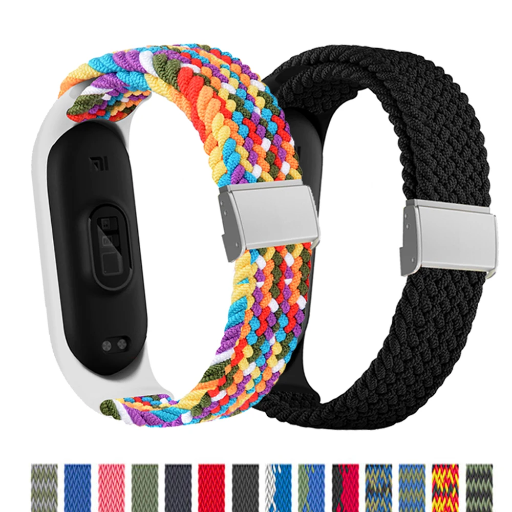 Braided solo loop Strap for Mi band 7 Elastic adjustable metal Nylon bracelet Miband4 miband 5 correa for xiaomi Mi band 4 3 5 6