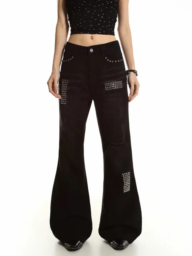 2026 Dark Y2K Streetwear Rivet Design Baggy Women's Ripped Jeans Pants For Woman Clothing Straight Gothic Cotton Long Trousers
