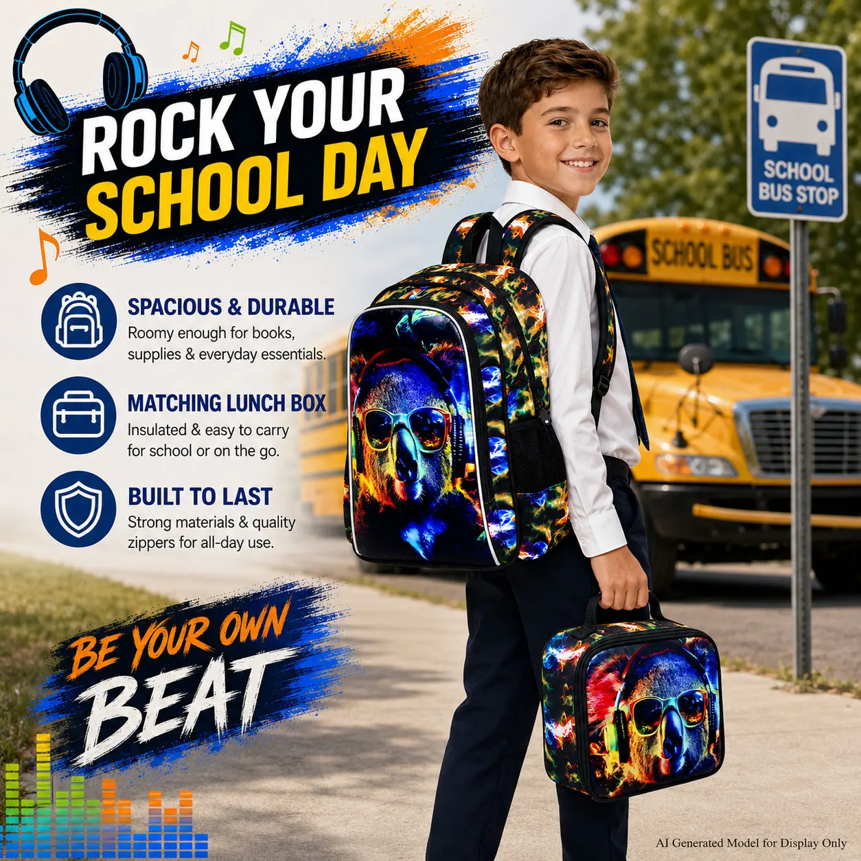 Kid's backpack 3PCS 17Inch UV Print Sunglass Koala Set, Large Capacity, one backpack, one handbag, one pen pouch