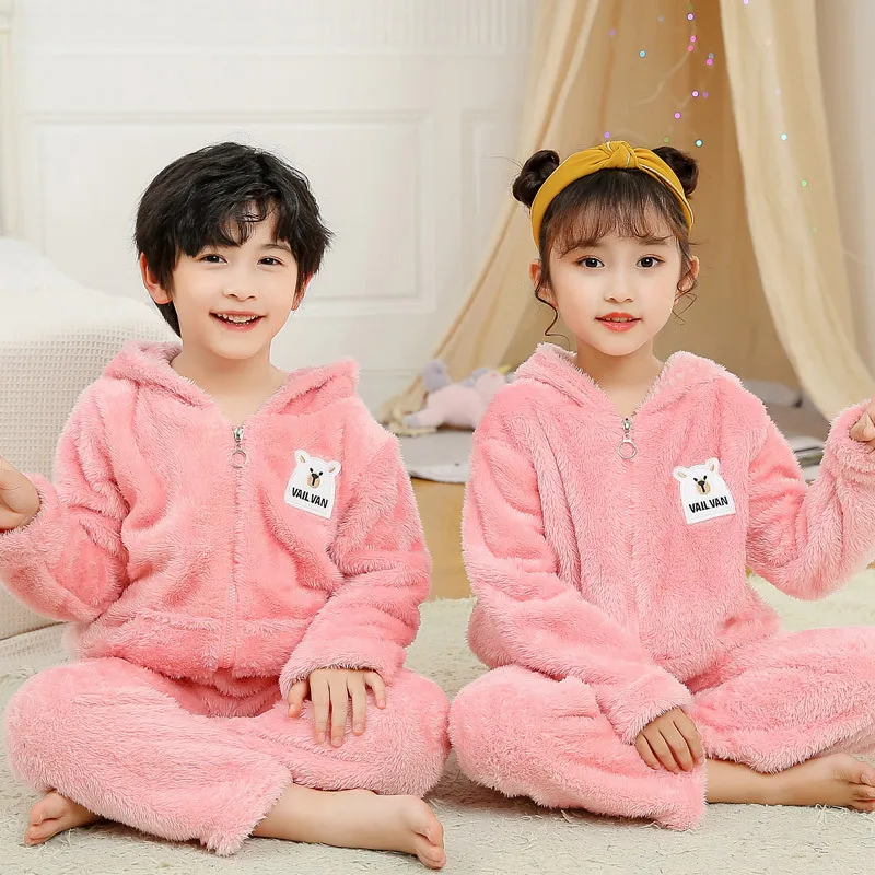 New 2022 Kids Boys Girls Autumn Winter Warm Cashmere Pajama Sets Hooded Long Sleeve Lapel Tops with Pants Sleeping Clothing Sets