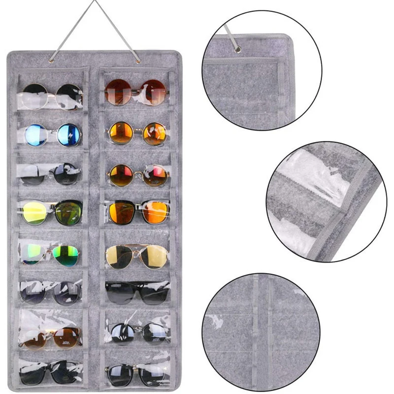 16 Slots PVC Felt Sunglasses Organizer Wall Hanging Eyeglasses Holder Dust Proof Sun Glasses Storage Display Pocket Wall Stand