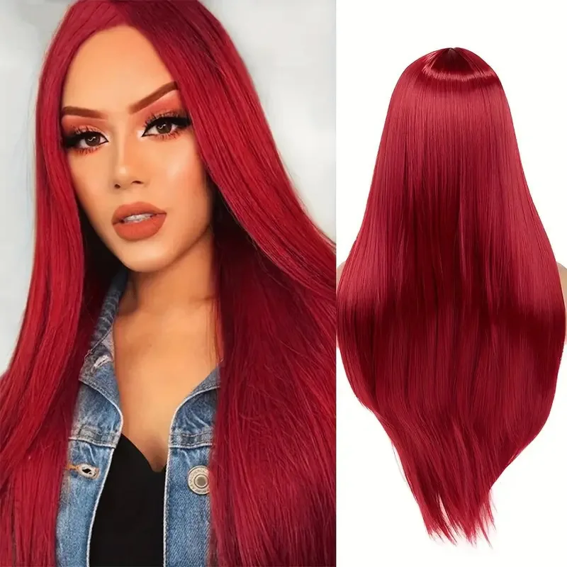 Women's black wig with air bangs, long straight hair, breathable rose net synthetic fiber full head cover