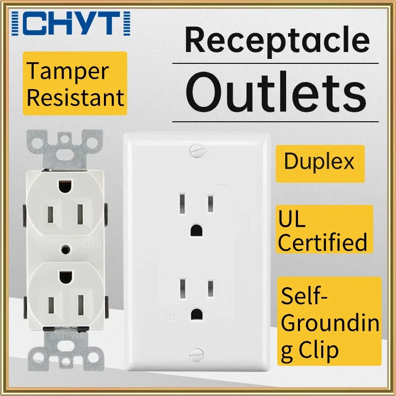 CHYT 15/20A 125V Decorator Duplex Receptacle Outlet Wall Socket Plug,Tamper-Resistant Self-Grounding Clip with Plate,UL Listed