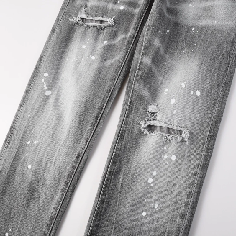 

Fashionable new men's jeans, painted, washed, nostalgic, perforated patch, elastic slim fit, light gray jeans, hip-hop brand pan