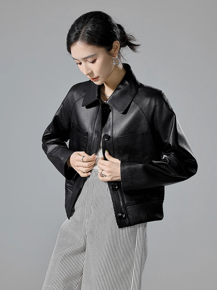 Black Short Genuine Leather Motorcycle Jackets Women Spring Autumn 2025 New High-end Simple Lychee Texture Real Sheepskin Coat