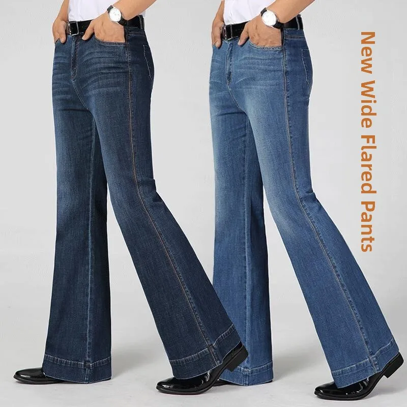 80s Style Men's High Waist Elastic Wide Leg Jeans Retro Micro Flared Denim Pants Straight Cut Non-Shrinkage Fall Season Wear