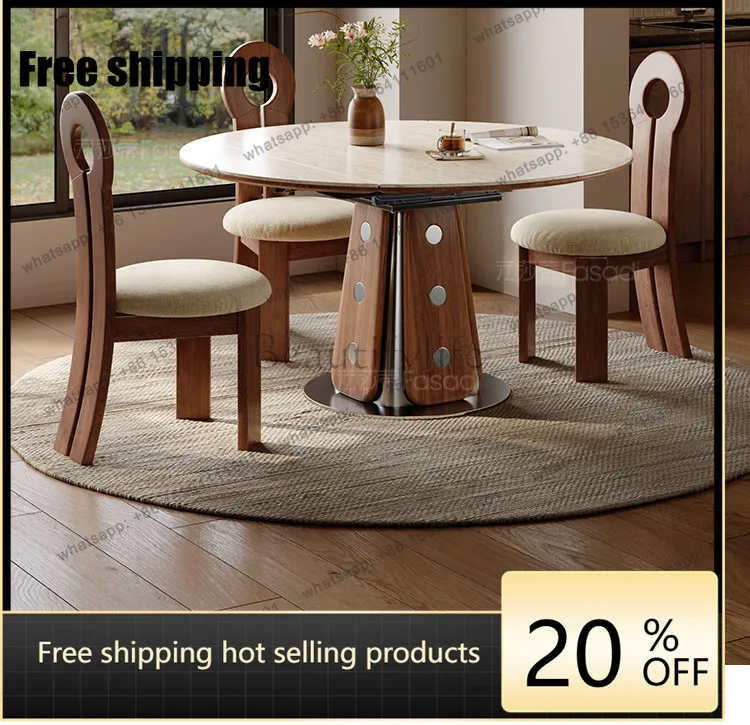 Factory Direct  travertine rock slab telescopic round dining table becomes oval stretching multi-functional folding table