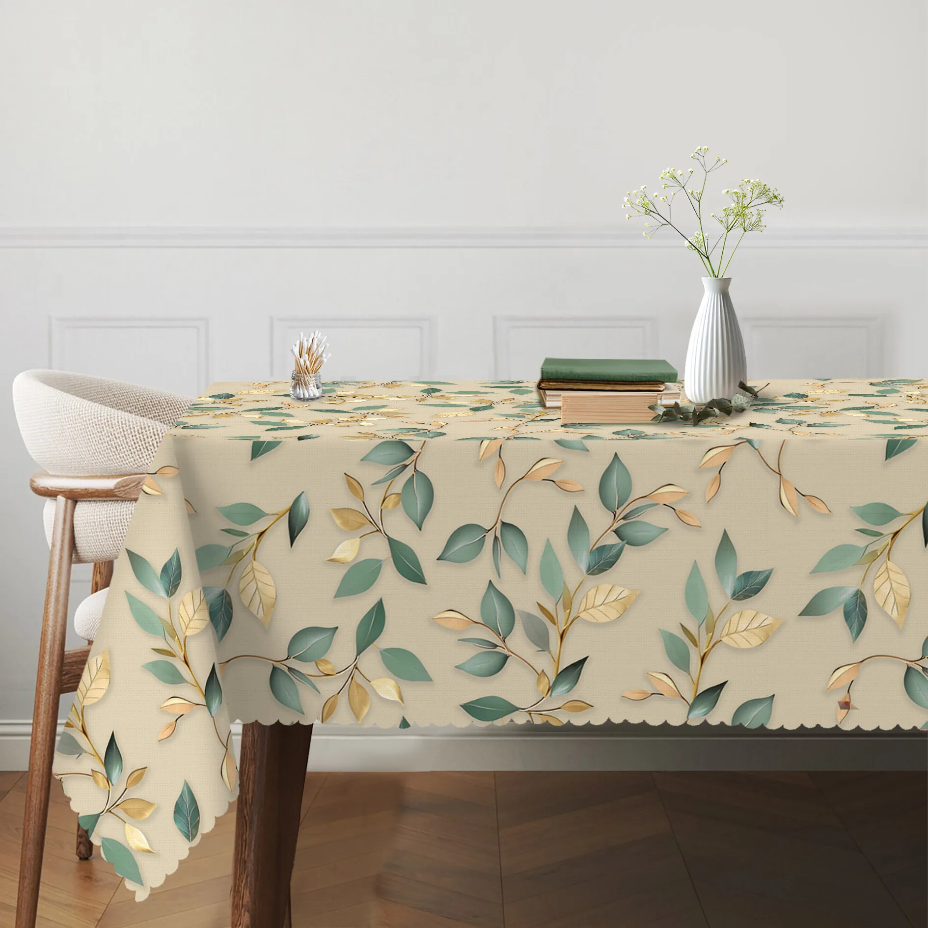 Sage green eucalyptus flower tablecloth, with a retro spring/summer leaf design.