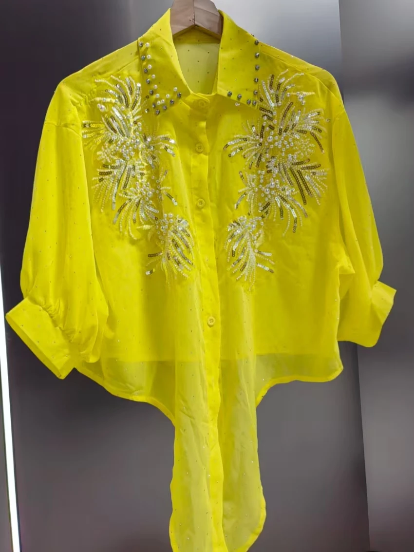 Sommer-Chiffon-Tops mit Laternenärmeln, bestickte Blusen, Hemden für Damen, Strickjacken, Sonnenschutz-Top, koreanische beliebte Kleidung – Detail 7
