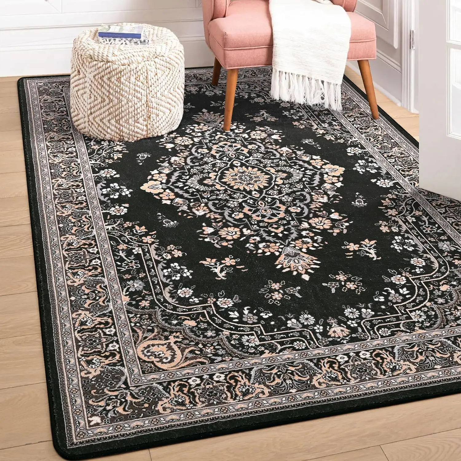 

NOAHAS Large Area Rugs Living Room Bedroom Washable Carpet Non-Slip Vintage Faux Wool Floral Rugs Kids Room Home Decor Rugs