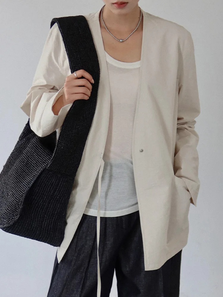 BJTZ Simple Vintage V-neck Lace-up Waist Summer Jacket For Women 2025 Loose Casual Versatile Female Clothing Tops