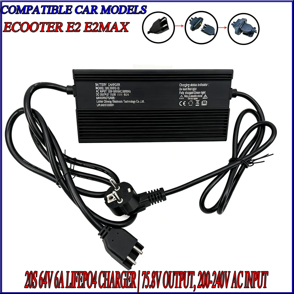 20S 64V 6A LiFePO4 Charger | 75.8V Output, 200-240V AC Input for Ecooter E2 E2Max