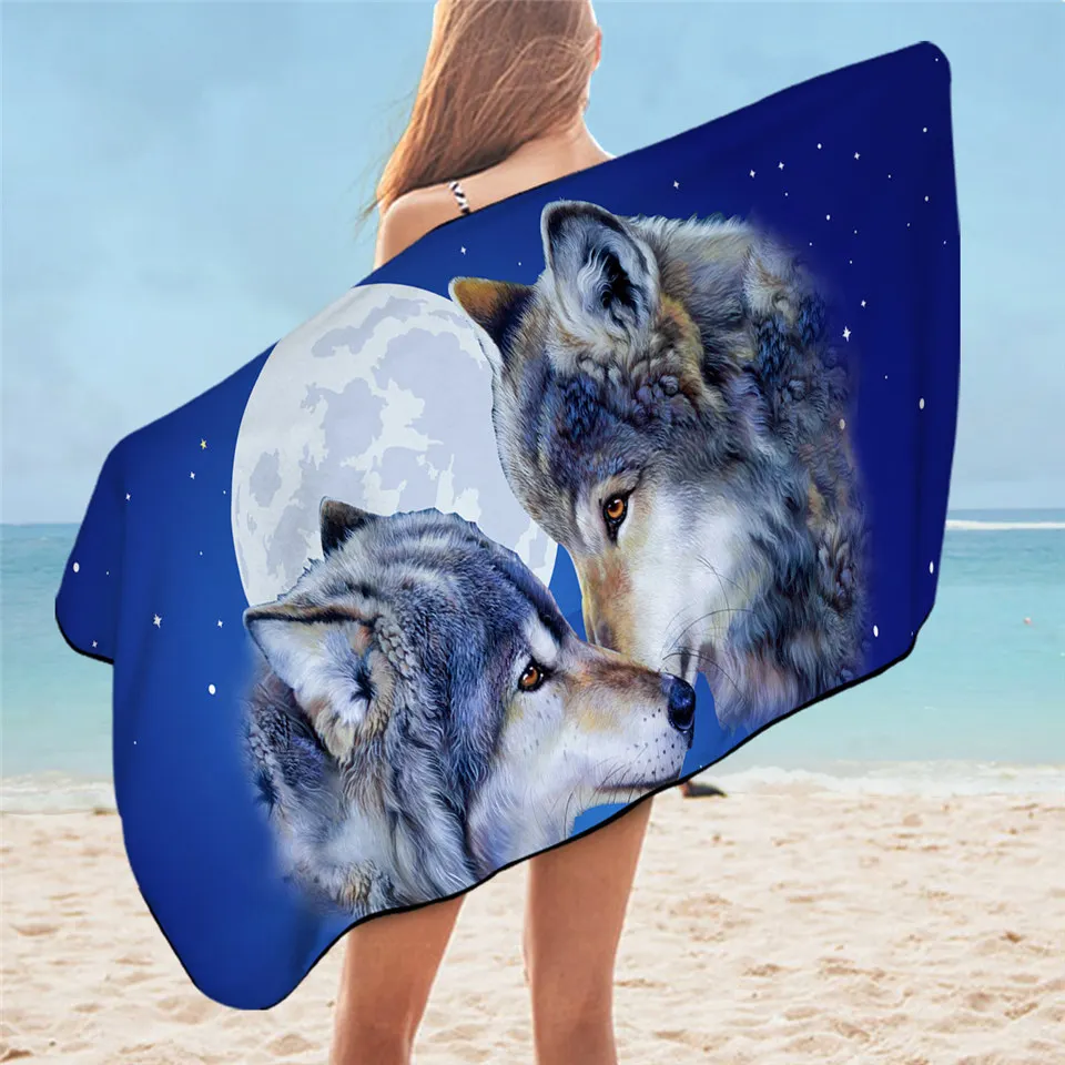 Pareja de lobo de Ismot Esha Toalla de baño Luna Toalla de playa de microfibra Azul cielo nocturno Toalla 75x150cm Montañas Manta de verano