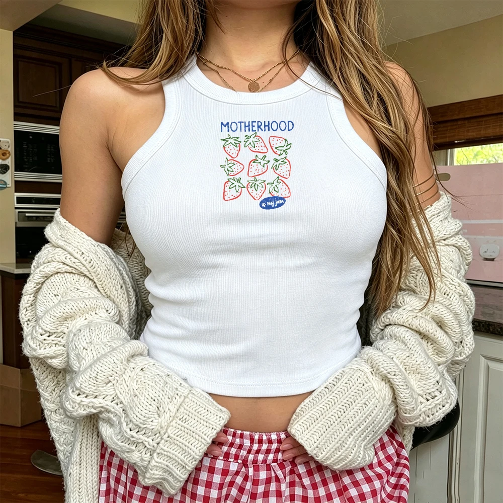 Motherhood Strawberry Fruit Graphic Sleeveless Slim Fit Y2K Vintage Mom Women Going Out Vest Women Ribbed Halter Crop Tank Top