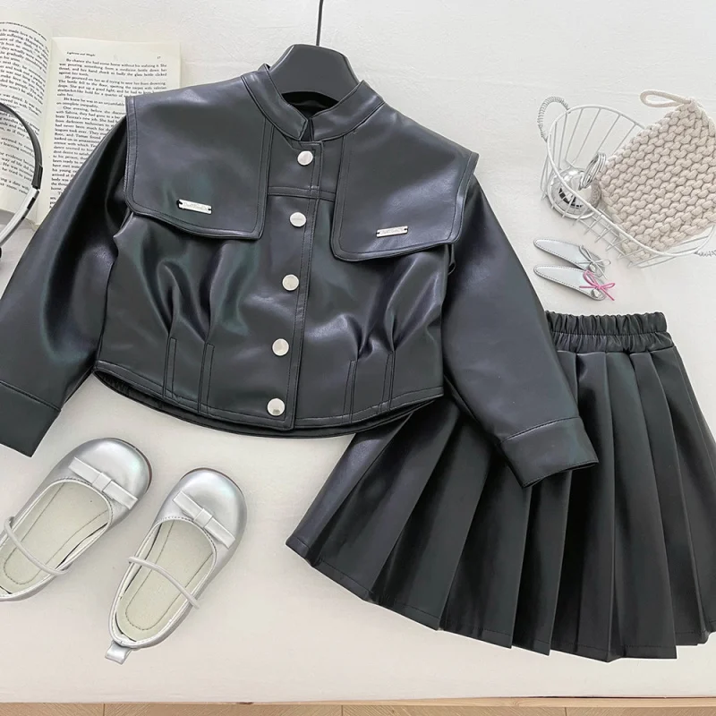 

Мягкий осенний кожаный костюм для девочек, платье2025, новогодняя модная детская кожаная куртка, комплект из двух предметов для девочек