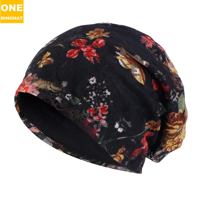 Double Printed Lace Balaclavas With Floral Patterns Warm Breathable Pile Caps Headdress Headdress Hat Base Cap