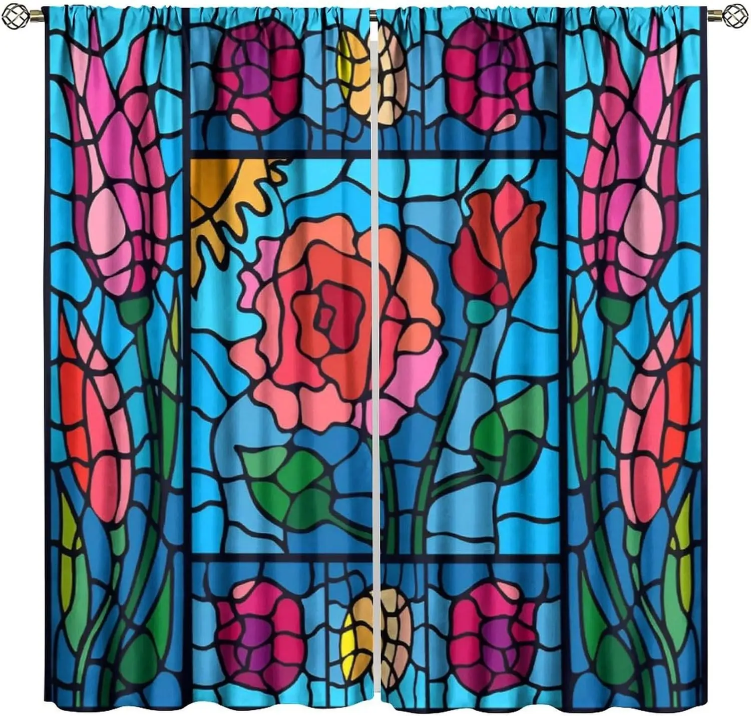 Stained Glass Floral Blackout Curtains,Abstract Colorful Rose Tulip Pattern Art Window Drapes Girls Women Bedroom Living Room