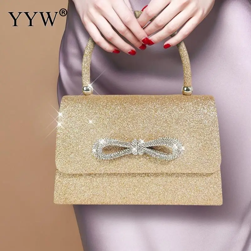 

Rhinestone Gold Bow Fairy Evening Bags Clutch Handle Handbags for Women Wedding Party Bridal Clutches Purse Chain Shoulder Bag