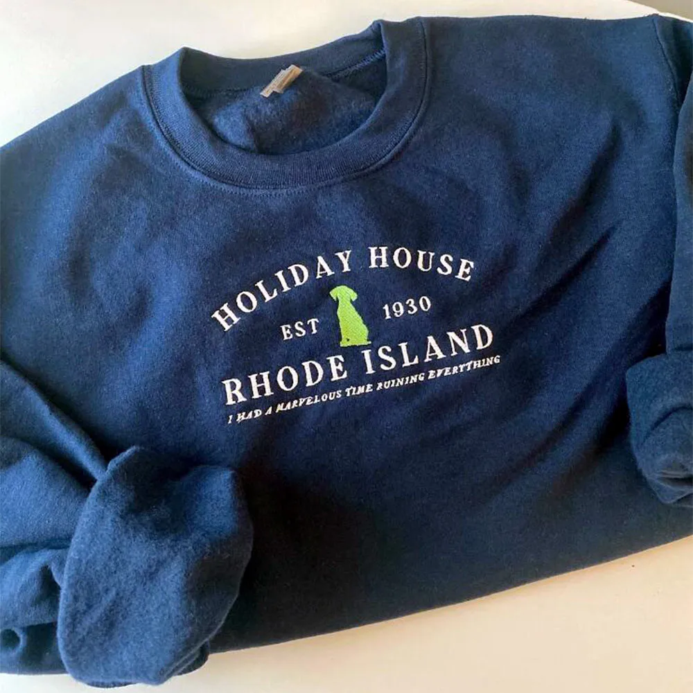 Holiday House Folklore Embroidered Crewneck Swift Sweatshirt Women Navy Loose Cotton Thick Fleece Pullover Vintage Style Jumpers