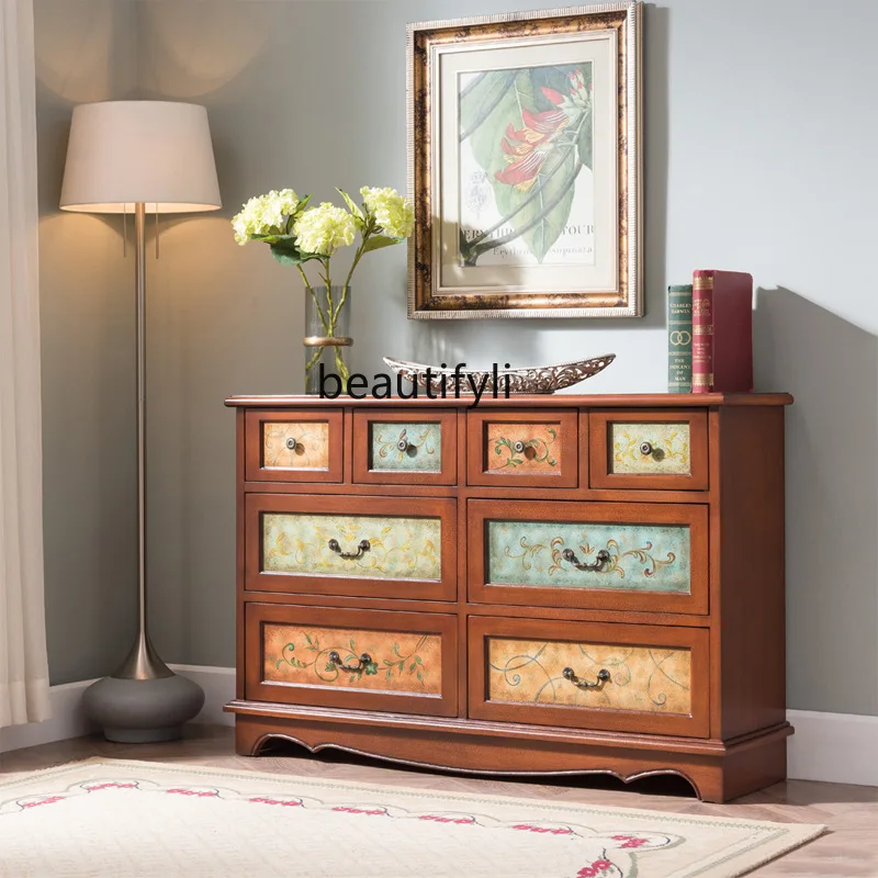 all-solid wood eight-bucket cabinet, retro painted furniture, door-to-door entrance dining side cabinet factory wholesale