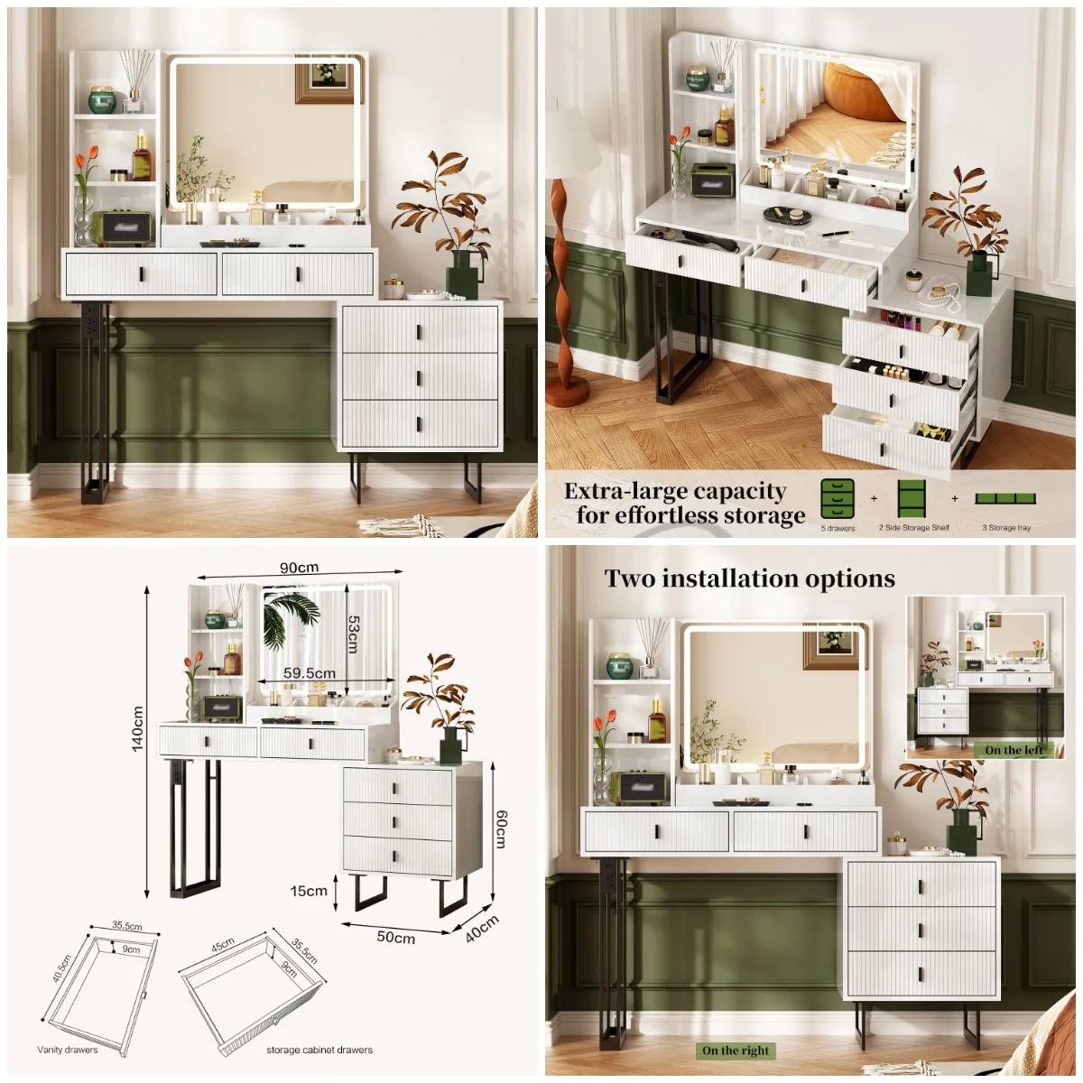 

Большой туалетный столик с зеркалом с сенсорным диммером, зарядной станцией, выдвижным столиком для макияжа, белый