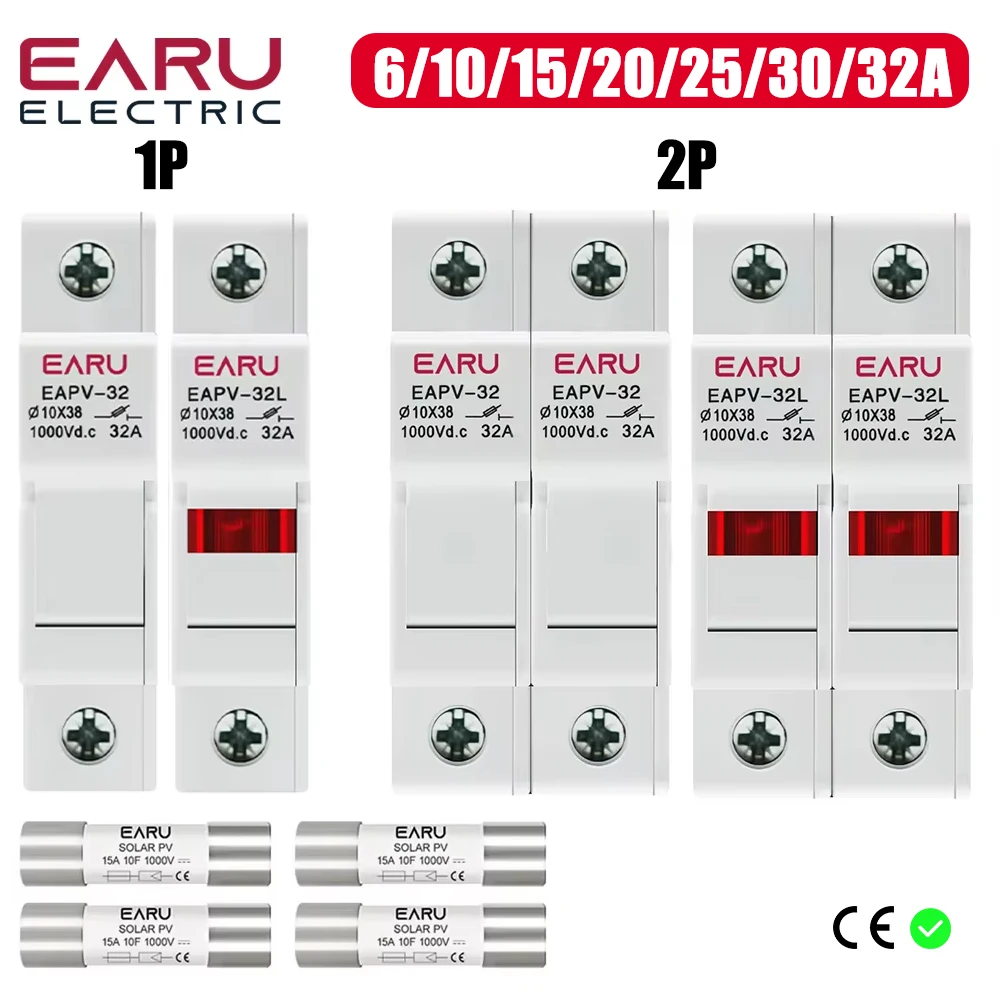 1P 2P Din Rail Solar PV DC Fuse Holders with Indicator Light suitable 10*38mm DC PV Fuse Link for Solar Photovoltaic System Pro