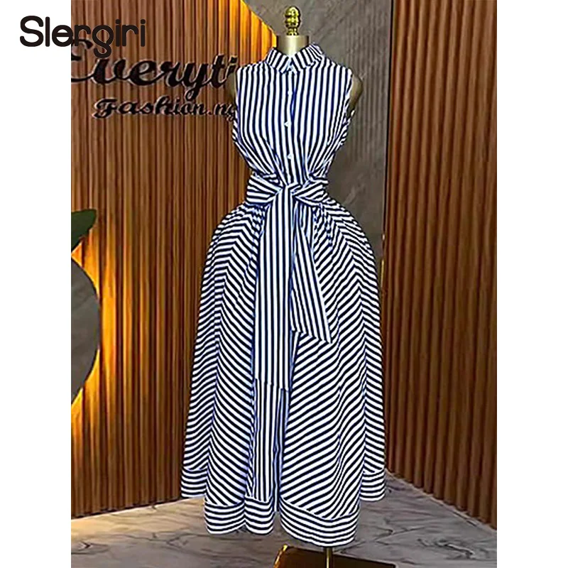 Slergiri Striped Tie Front Sleeveless Shirt Dress Women Fashion New 2026 Summer High Waist A-line Pockets Casual Long Dresses